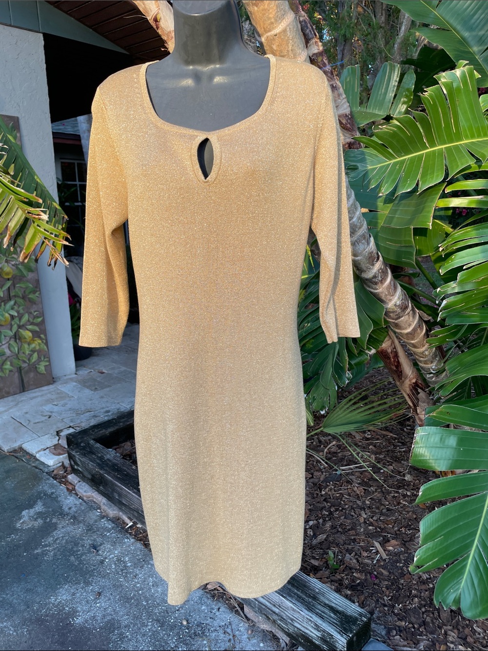 gold, metallic knit dress with keyhole